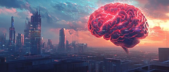 Futuristic city with a large glowing brain