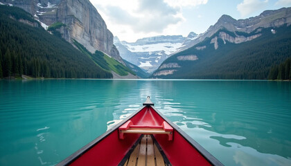 Paddling a red canoe across vibrant mountain lake toward towering snow-capped peaks