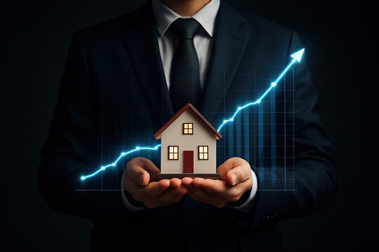 Businessman holding house model with glowing upward graph overlay. Concept of real estate investment, property value forecast, housing market growth, home for sale or rent, and future price trends.