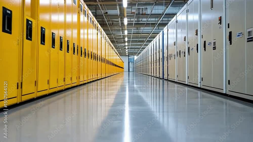 Poster Symmetrical Data Storage: A modern data center corridor is lined with rows of server racks, the sleek design of the cabinets creating a visual balance and a sense of order