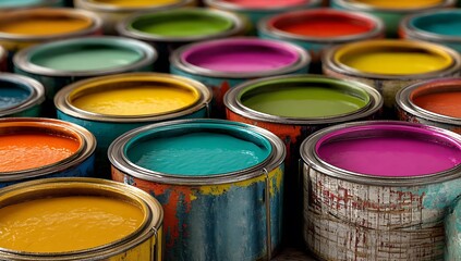 Fototapeta premium Colourful cans of paint, like a vibrant rainbow on a palette, ready for artistic design