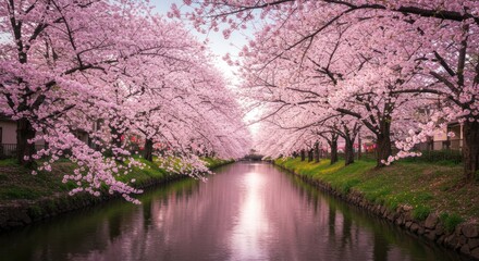 A serene canal lined with blooming cherry blossom trees, creating a tunnel of pink flowers reflecting in the water.