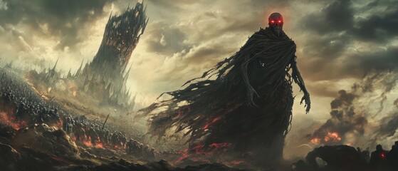 Apocalyptic battle against a dark shadowy figure