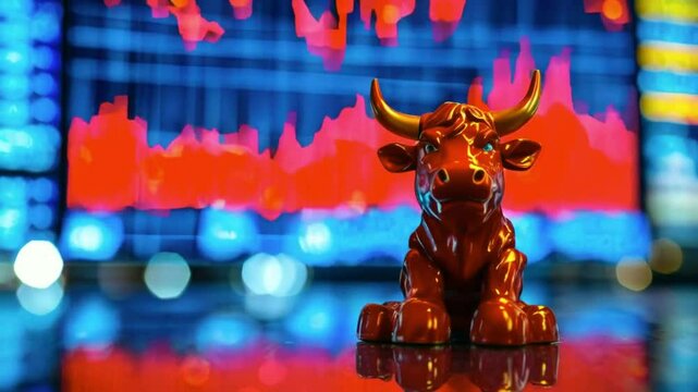 Red bull figurine in front of stock market screen showing red numbers..