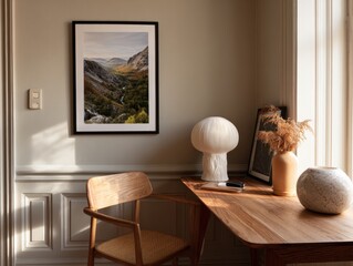 A framed picture of a mountain landscape hangs on a wall. A desk with a lamp and a vase of flowers sits in front of the picture