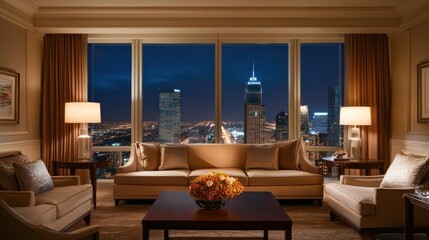 Luxury chicago hotel suite with night city view