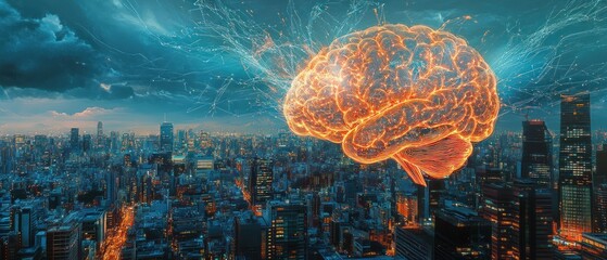Brain over a city at night