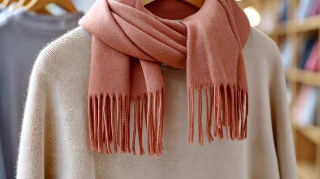 Cozy pink scarf display on beige sweater in fashion boutique setting
