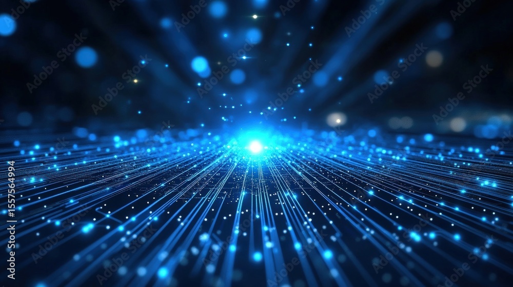 Poster a futuristic digital grid emitting blue light rays with particles, representing advanced technology 