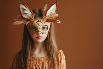 Studio portrait capturing a girl adorned in an intricate fox mask and costume, embodying whimsical creativity and childhood imagination