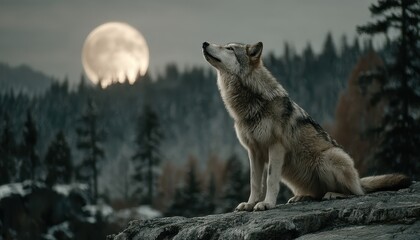 Wolf sits atop rock, howling at the moon over a winter forest