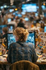Woman at cluttered desk in busy office, many computer screens