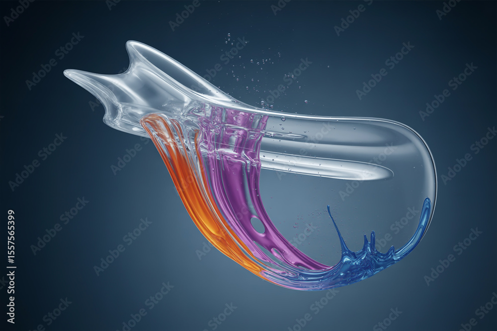 Fototapete abstract rendering of clear structure with orange purple and blue liquid on a dark blue background