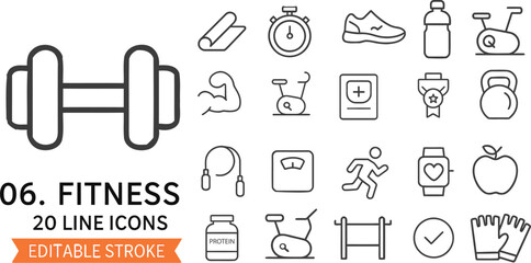 Collection of twenty modern line art icons representing various fitness and exercise equipment and concepts for a healthy lifestyle