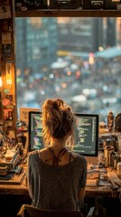 Woman coding at desk, city view, cluttered workspace, cozy feel