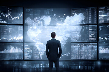 Businessman watching global business and financial data on multiple screens