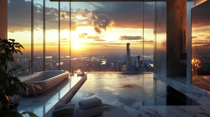 Luxury penthouse bath with city sunset view