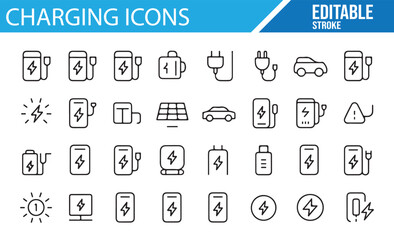 Charging Icons Set for Electric Vehicles, Solar Power, and Battery Charging - A collection of minimalistic icons depicting charging equipment, batteries, solar panels, electric vehicles, and related c