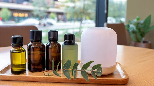 Aromatherapy serenity: essential oil diffuser and bottles on wooden tray indoors