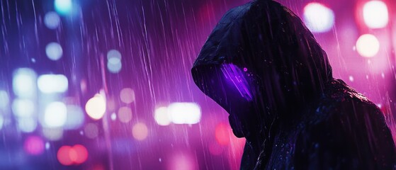 Person in a hooded jacket in a rainy neon city night