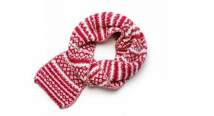 Red and white knitted scarf in circular shape on white background  