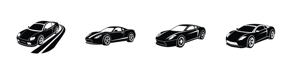 Minimal illustration of a compact sports car in three-quarter perspective gliding Silhouette on White Background