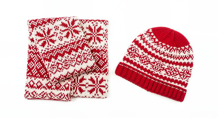 Red knit hat and scarf set with winter snowflake patterns isolated white background  