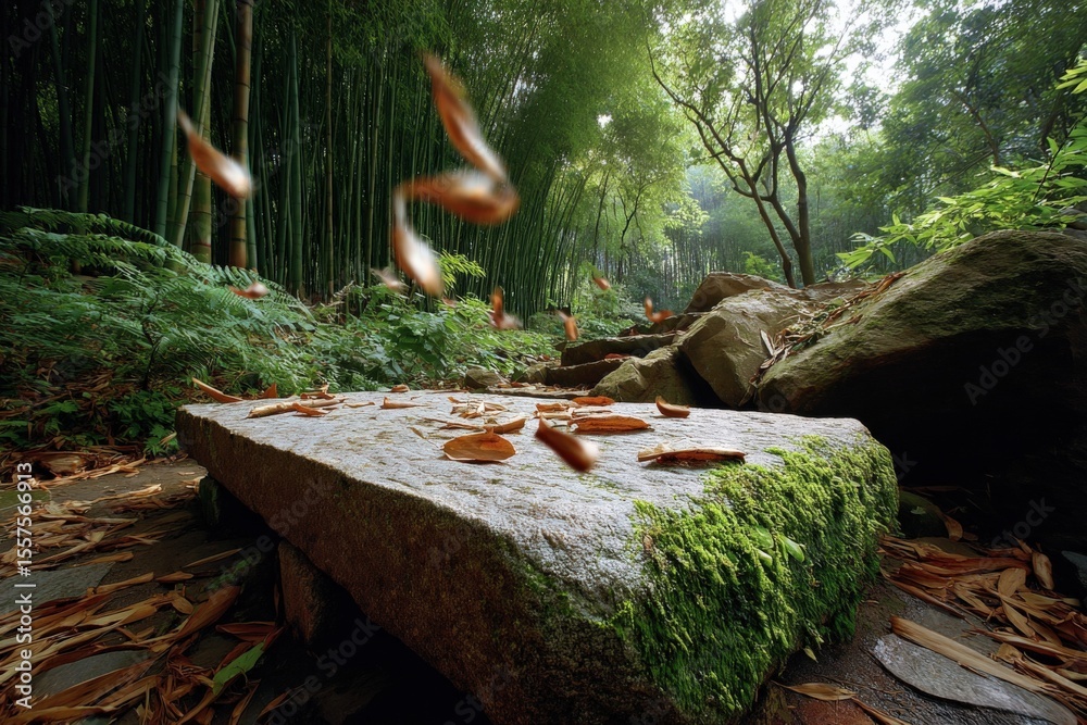 Poster tranquil forest scene with moss-covered stone path surrounded by lush green trees and foliage in day