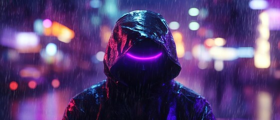 Mysterious figure in a hooded raincoat on a rainy night city street