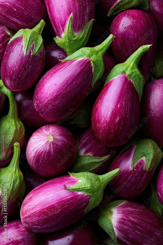 Poster fresh and vibrant purple eggplants with green stems arranged in a close-up view showing detailed tex
