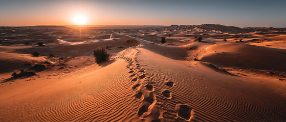 Desert sunset footprints in sahara sand dunes landscape