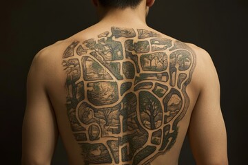 Male with landscape back tattoo - artistic expression and body art