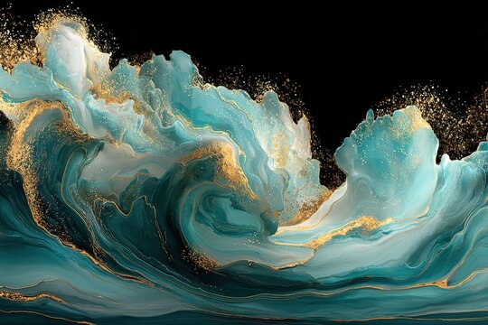 Stunning abstract painting of ocean waves with swirling turquoise and gold accents on a black background showcasing dynamic movement and artistic expression