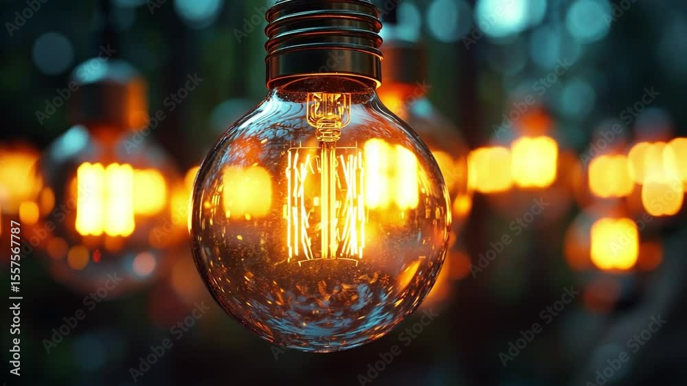 Poster illuminated vision: a glowing bulb, at the heart of a soft, golden bokeh effect, radiating a warm gl