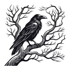 Gothic Raven Artwork for T-Shirt Design – Dark Bird on Tree Branch Illustration in Vintage Black Ink Style .
