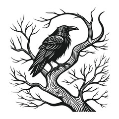 Gothic Raven Artwork for T-Shirt Design – Dark Bird on Tree Branch Illustration in Vintage Black Ink Style .