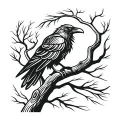 Gothic Raven Artwork for T-Shirt Design – Dark Bird on Tree Branch Illustration in Vintage Black Ink Style .
