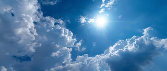 Bright Sunny Day Blue Sky with Fluffy White Clouds