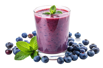 Glass of purple blueberry smoothie with fresh mint and scattered blueberries on black background blueberry drink