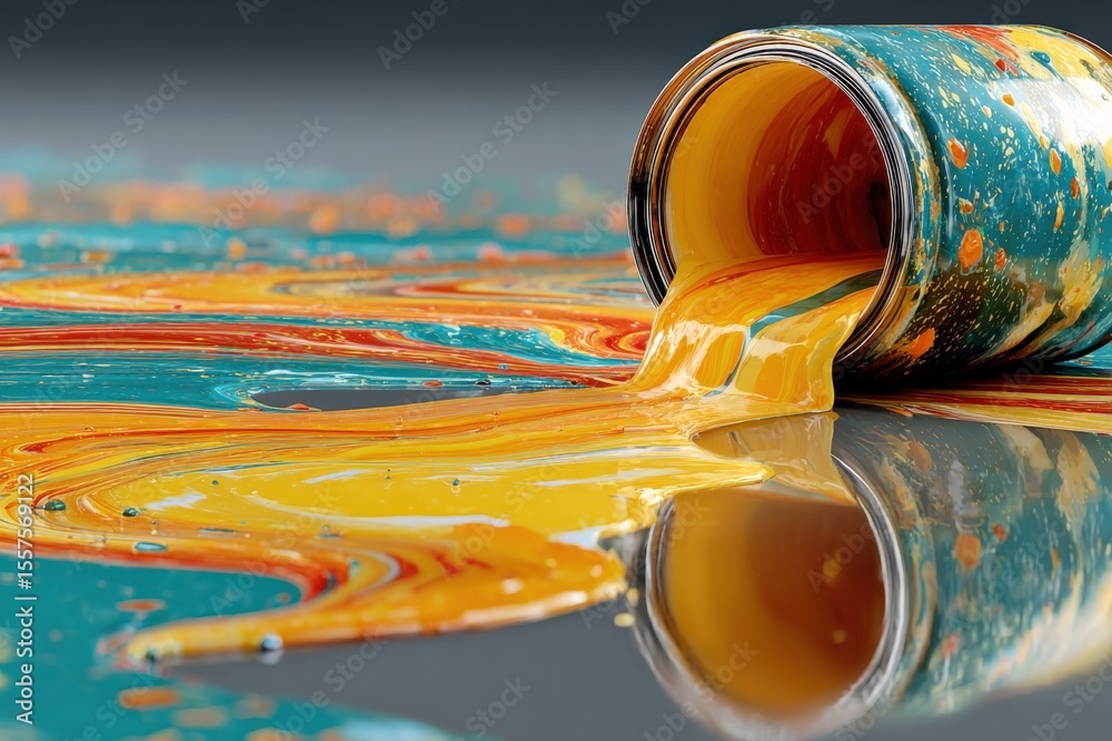 Poster close-up of spilled spilled colorful paint from a tilted metal can on reflective surface vibrant pai