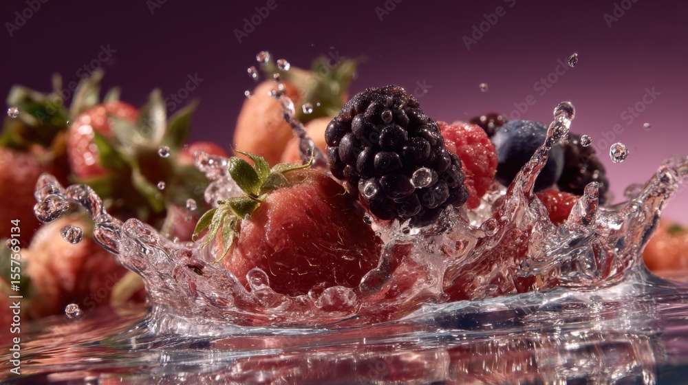 Poster colorful fresh berries including strawberries raspberries and blackberries creating splash effect in