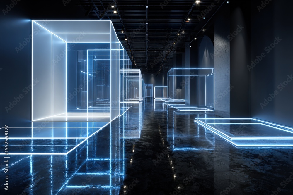 Poster futuristic tunnel with neon led light frames and reflection effects in an underground industrial spa