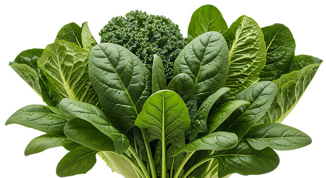 Fresh green leafy vegetables including spinach romaine lettuce and kale isolated on transparent background