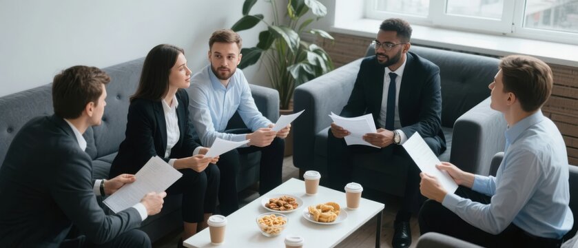Business professionals engaged in a meeting, discussing documents around a table with refreshments.