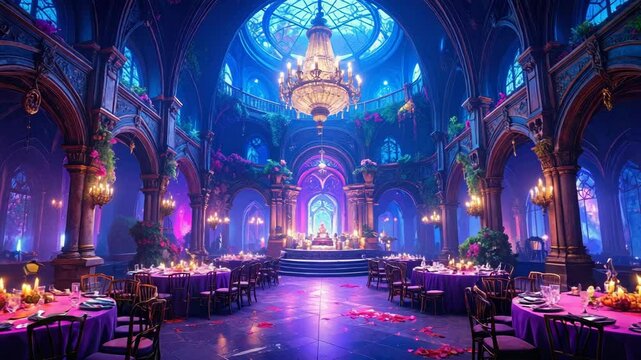 Luxurious ballroom decorated with flowers and lit by candles awaits guests.