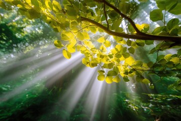 Obraz premium Lush green tree branches with vibrant yellow leaves sunbeams shining through dense forest canopy in natural sunlight and peaceful outdoor setting