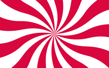 Abstract bold optical illusion background with swirling red and white wavy stripes radiating from the center and hypnotic spiral. Dynamic movement and symmetry, evoking a retro, energetic