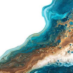 Fluid Art Teal Gold and White Abstract Pour Painting white background against transparent Background