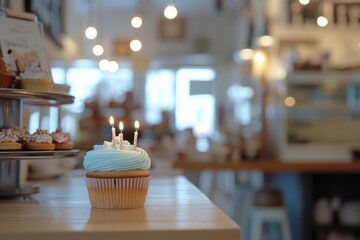 Birthday Cupcake with Blue Frosting and Lit Candles in Bakery