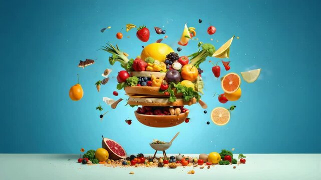 Floating layers of bread, fruits, vegetables, create a vibrant explosion of healthy food